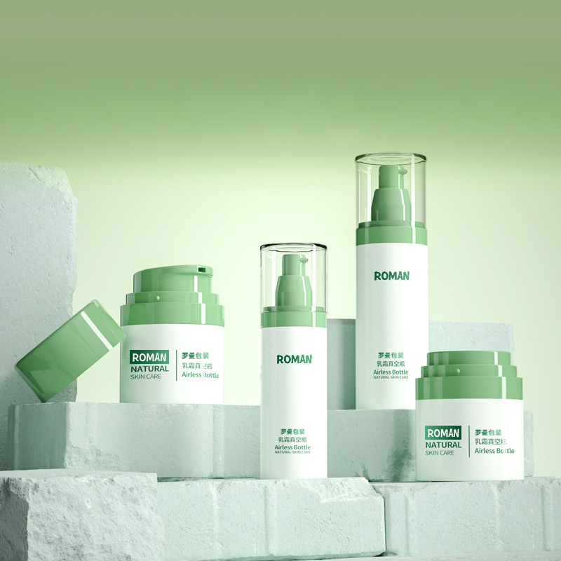 Plastic cosmetische verpakking Gezichtscrèmefles 30 ml 50 ml 80 ml Groene airless pompflesset met galvaniseren voor anti-leeftijd serumfles