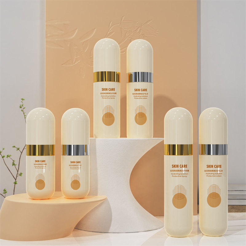 Lege fijne mist goud zilver rand PET 40 ml 60 ml 80 ml 100 ml beige plastic spuitfles met ronde deksel voor gezichtscosmetische verpakking