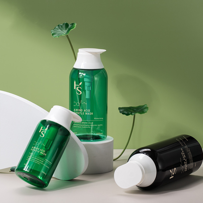 Unieke groene 300 ml 500 ml 650 ml PET nieuwe vorm bodylotion crème lege fles ronde schouder shampoofles met pompafdichting voor huidverzorging
